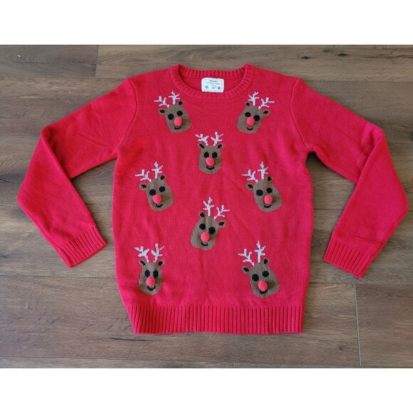 Christmas Sweater Womens L Rudolph Ball Nose Red Reindeer Party 3D Pom Pom Nose - Picture 1 of 13